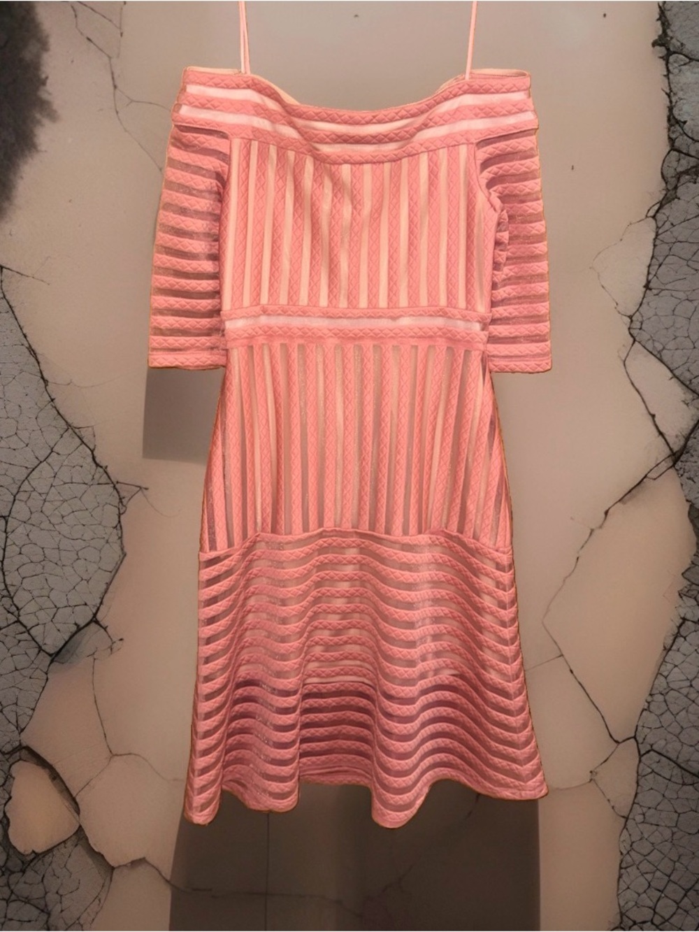JAX Black Label Coral Pink Striped One-Shoulder Textured Fit & Flare Dress-8-EC